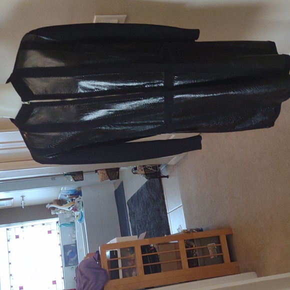 Vintage long black zippered cardigan/ coat w/ faux leather/ribbed sleeves Large - Picture 2 of 8